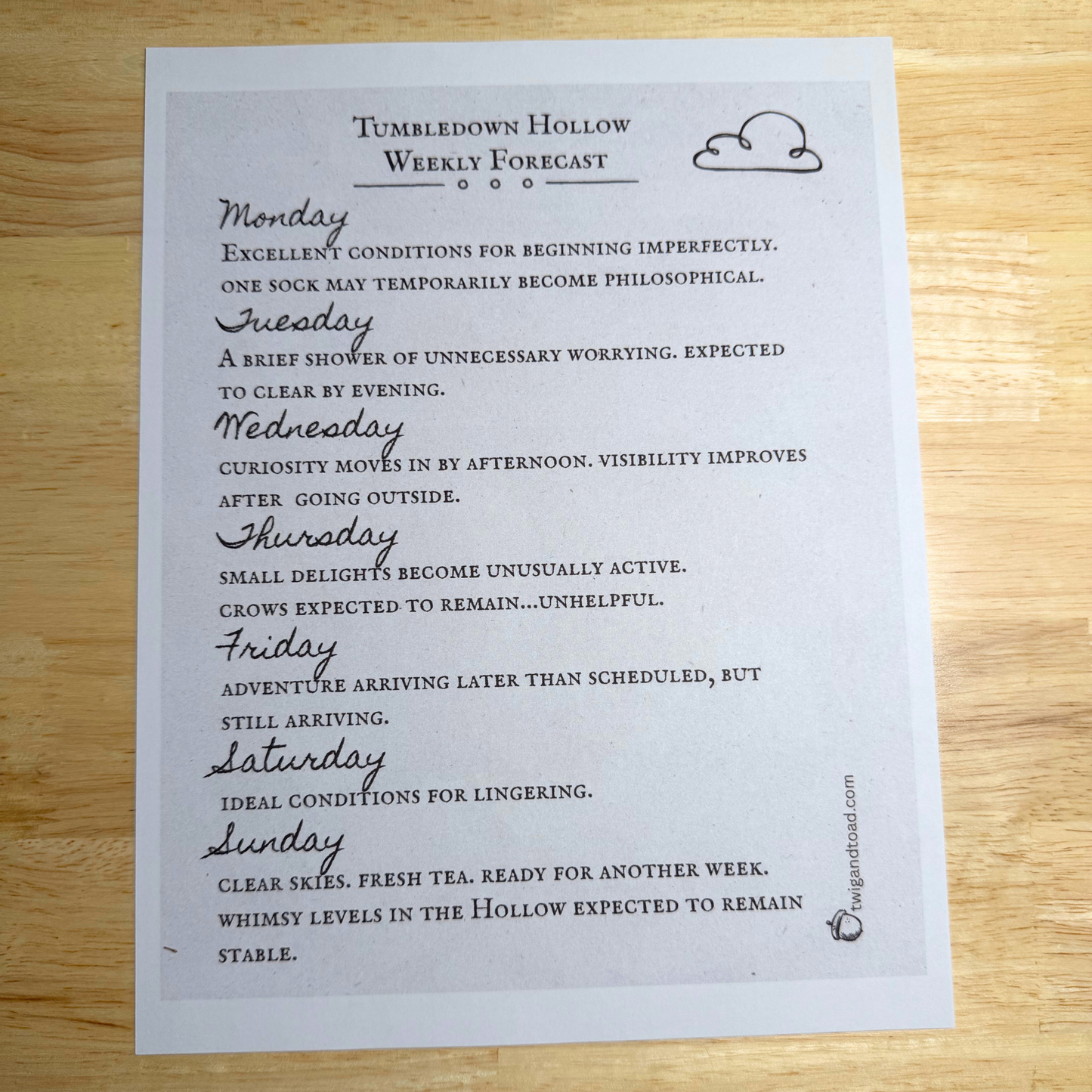 Tumbledown Hollow Weather Forecast — Printable PDF