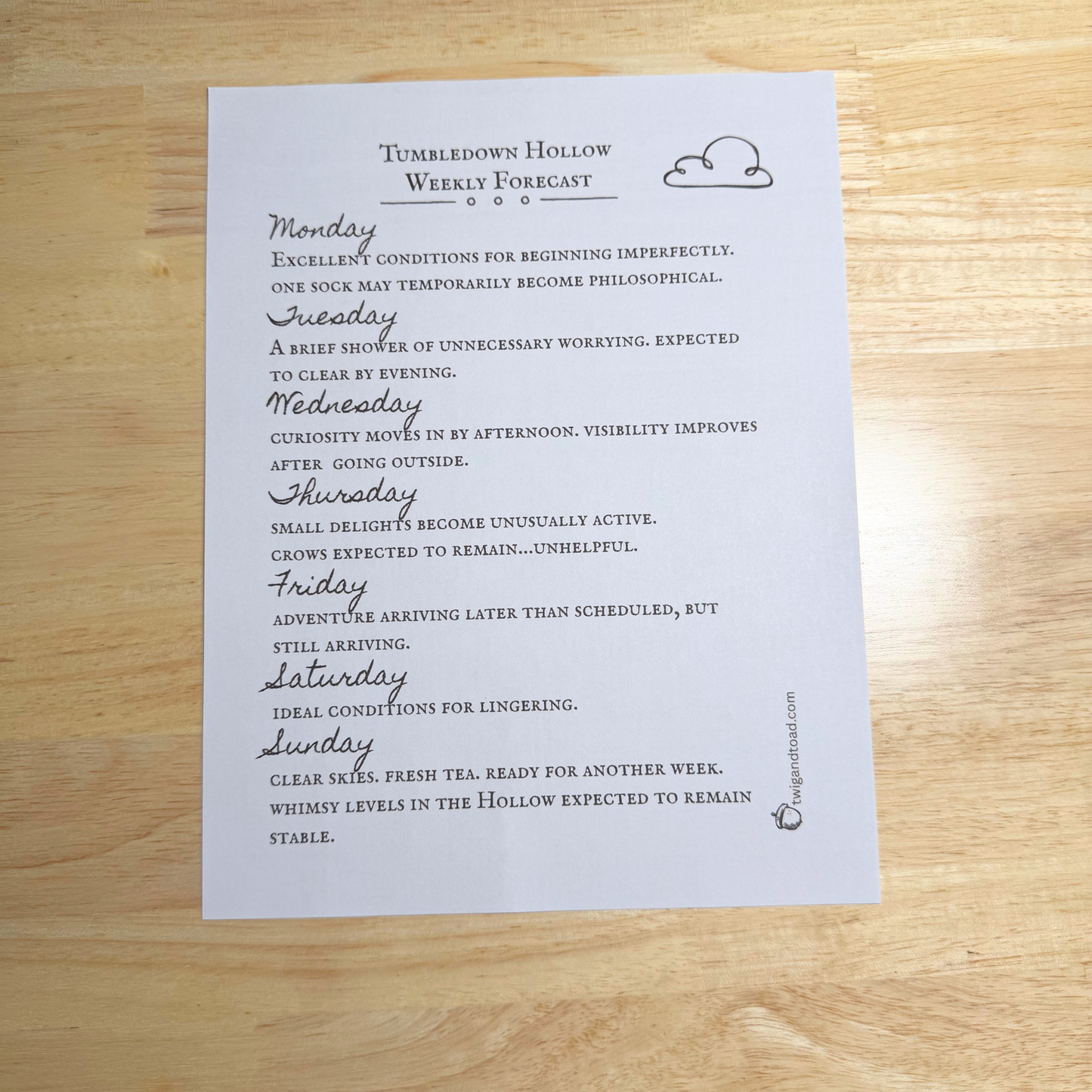 Tumbledown Hollow Weather Forecast — Printable PDF