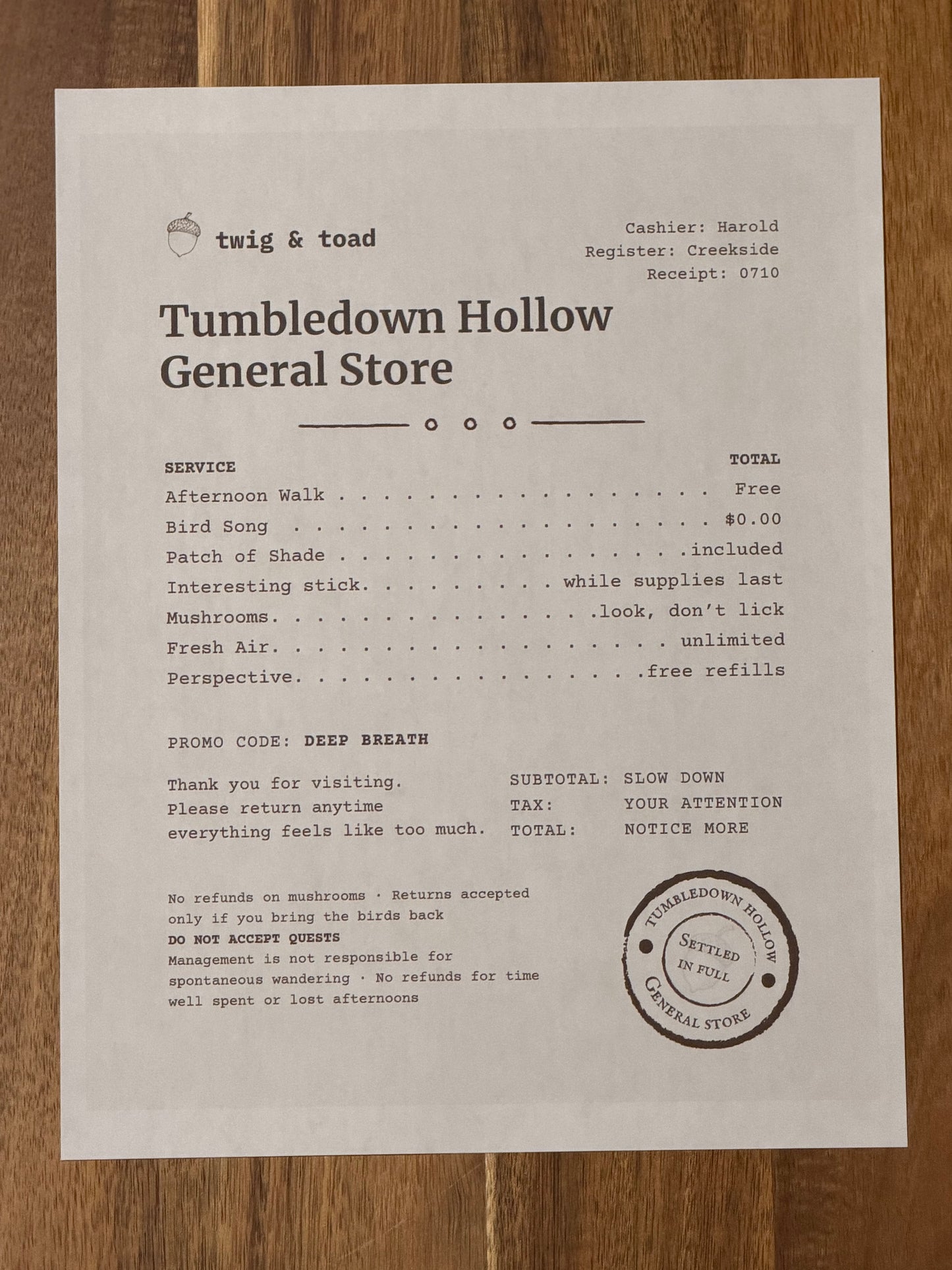 Tumbledown Hollow General Store Receipt — July 10, 2026 — Printable Download