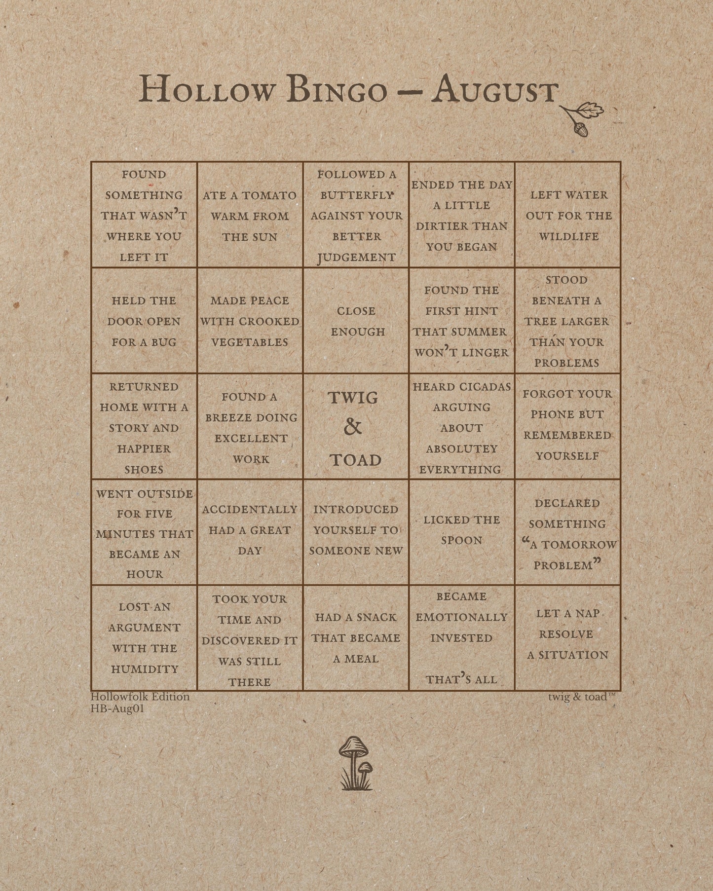 Hollow Bingo — August 2026 Printable