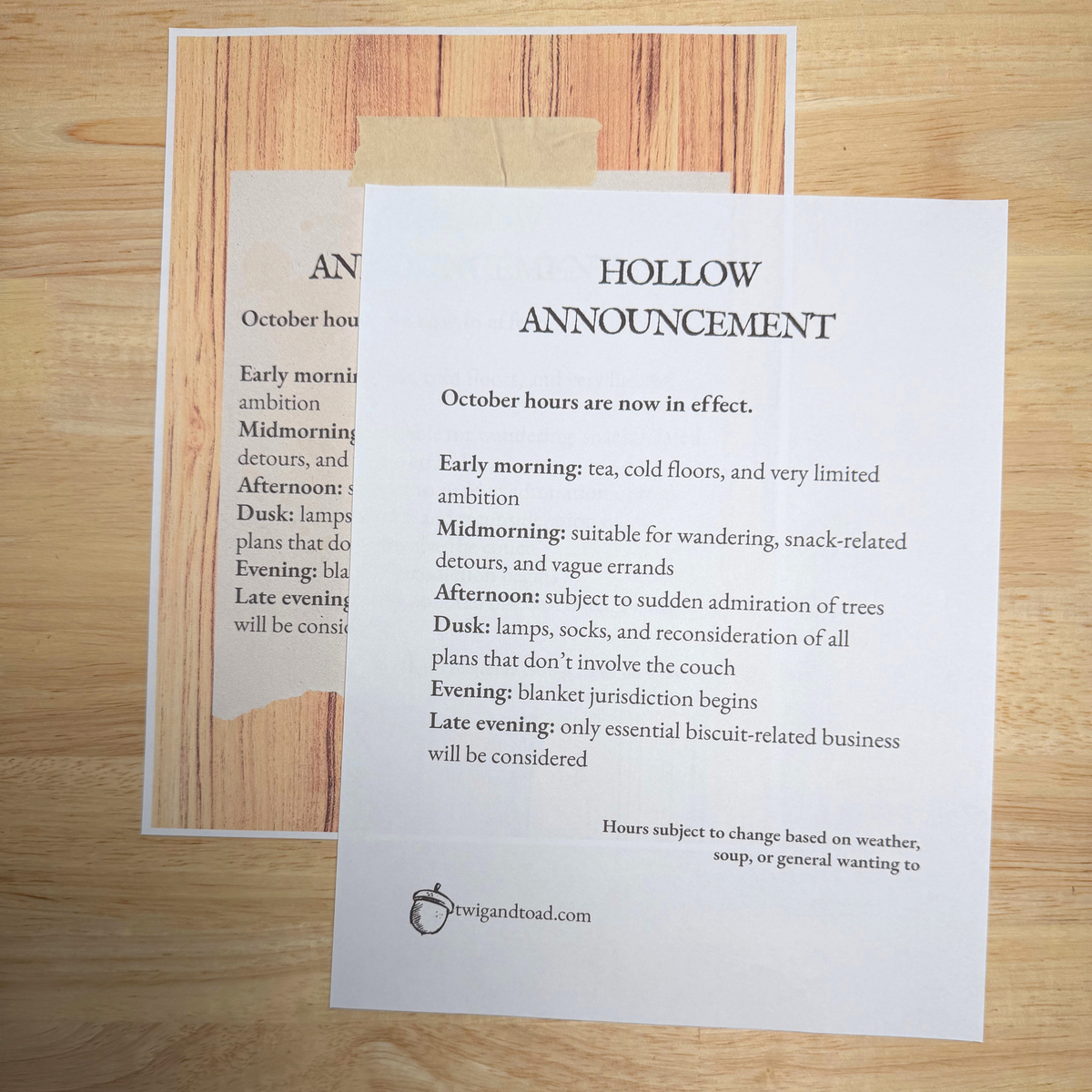 Hollow Announcement: October Hours — October 6, 2026 — Printable PDF