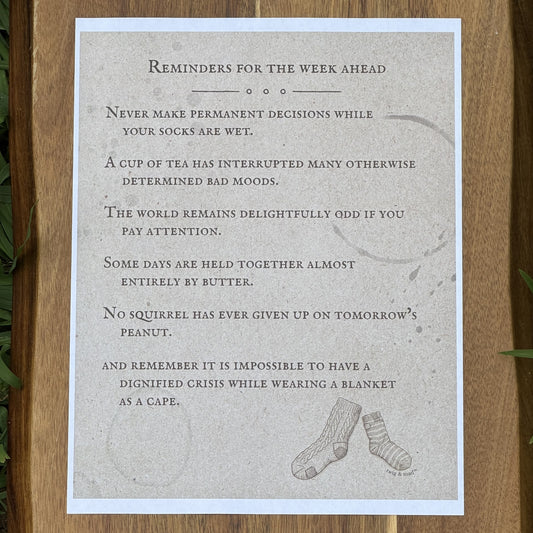 Reminders for the Week Ahead, Wet Socks — July 12, 2026 — Printable Download